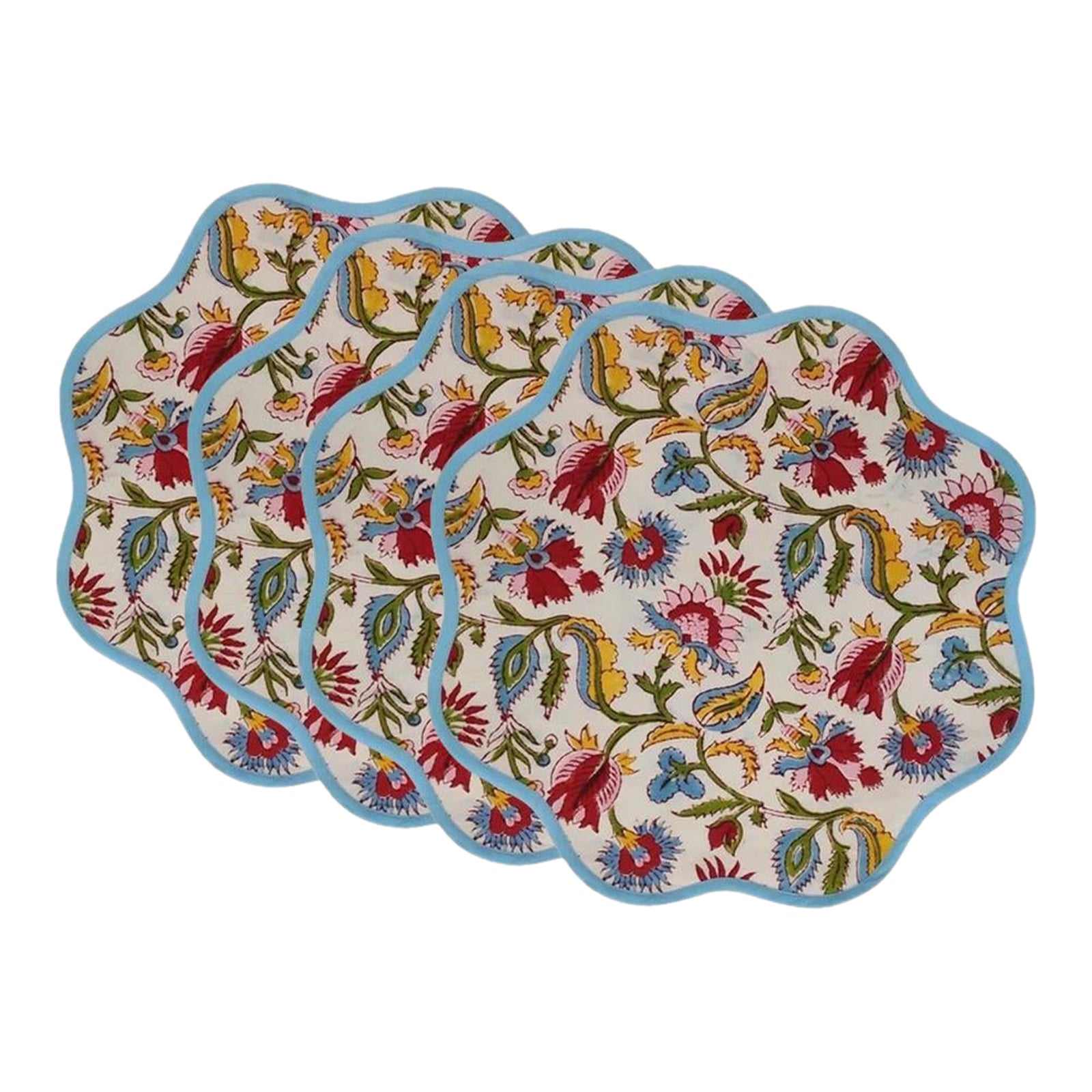 Handmade Round Scalloped English Garden Placemats with Light Blue Trim