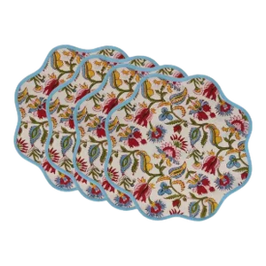 Handmade Round Scalloped English Garden Placemats with Light Blue Trim - Set of 4