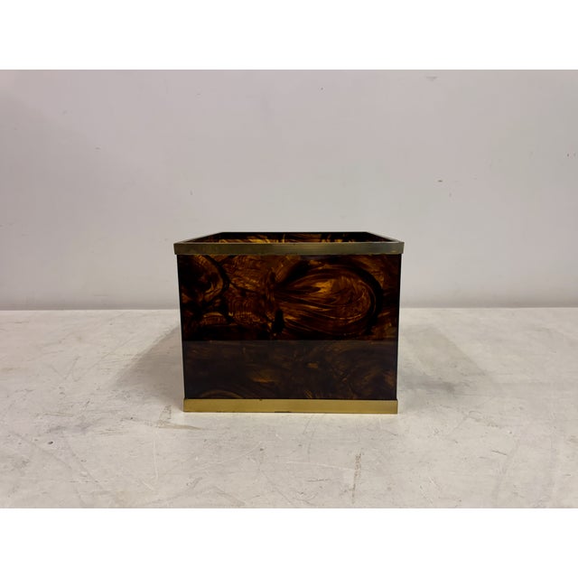 Acrylic glass planter Tortoiseshell effect Brass banding Italy 1970s