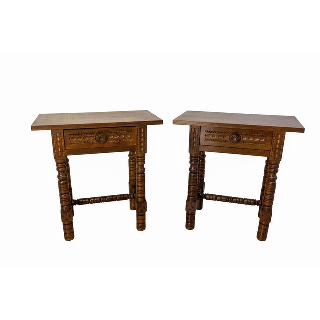 Pair of French nightstands in the Spanish style, bedside tables Massive oak and other woods. One drawer. Turned wooden...