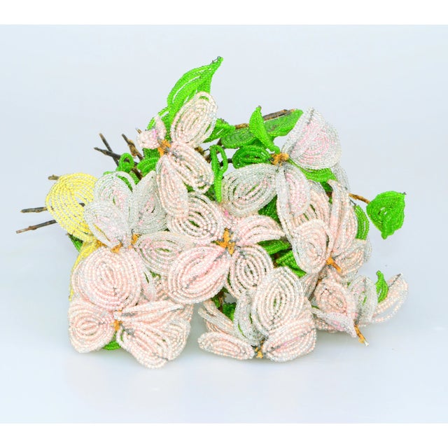 French handmade beaded wedding flower bouquet with yellow and white blossoms. Some wear. Glass vase is not included....