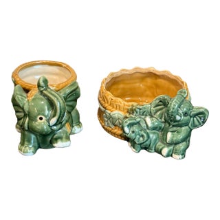 Vintage Lot of 2 Elephant Motif Majolica Style Planters For Sale