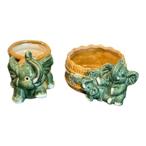 Vintage Lot of 2 Elephant Motif Majolica Style Planters