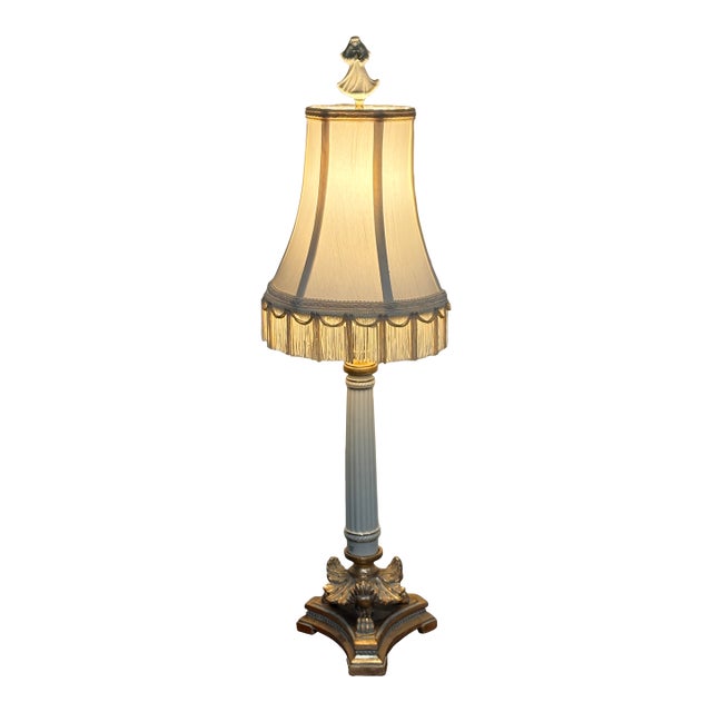 Vintage Quoizel Lenox Porcelain Table Lamp With Fringe Shade & Angel Finial For Sale