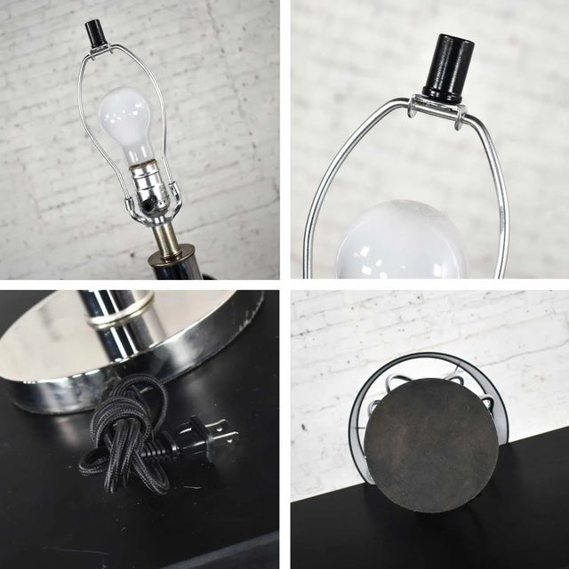 Vintage Mid-Century Modern Polished Chrome Table Lamp New Black Drum Shade For Sale - Image 11 of 13