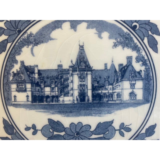 American Vintage Holland Delft “Biltmore Estate" White/Blue Estate Graphic-5.75” Ceramic Trivet For Sale - Image 3 of 6