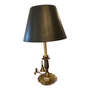 Vintage Mid 20th Century Frederick Cooper Brass Candlestick Table Lamp With Bell and Shade