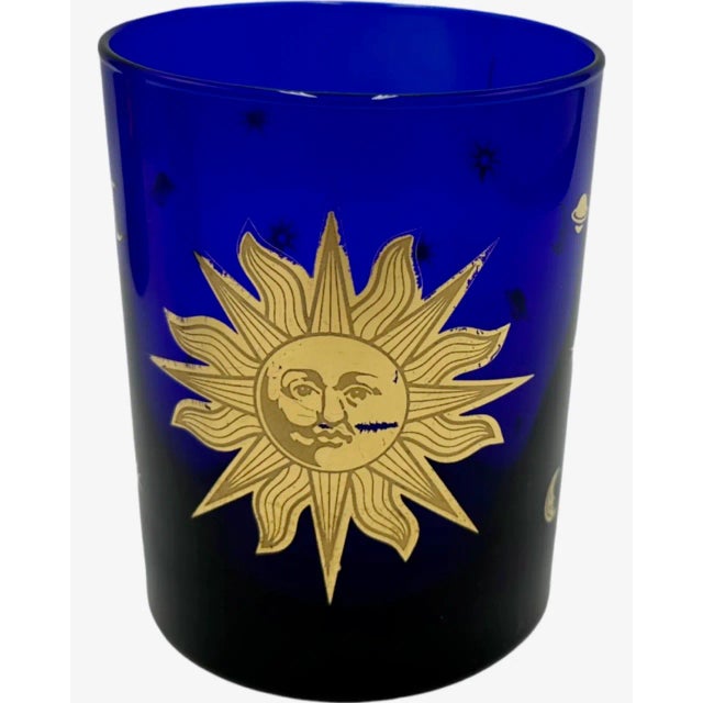 Glass Vintage Set of 3 Culver Blue Celestial Sun Stars Moon Tumbler Cocktail Glasses For Sale - Image 7 of 12