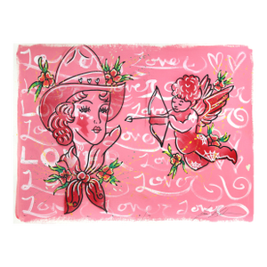 Lover 5 - Pink Figurative Cowgirl Vintage Inspired Art on Paper Original Artwork by Jesse Black