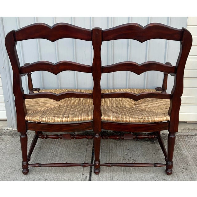 Carved Country French Rush Seat Ladderback Settee For Sale - Image 9 of 9