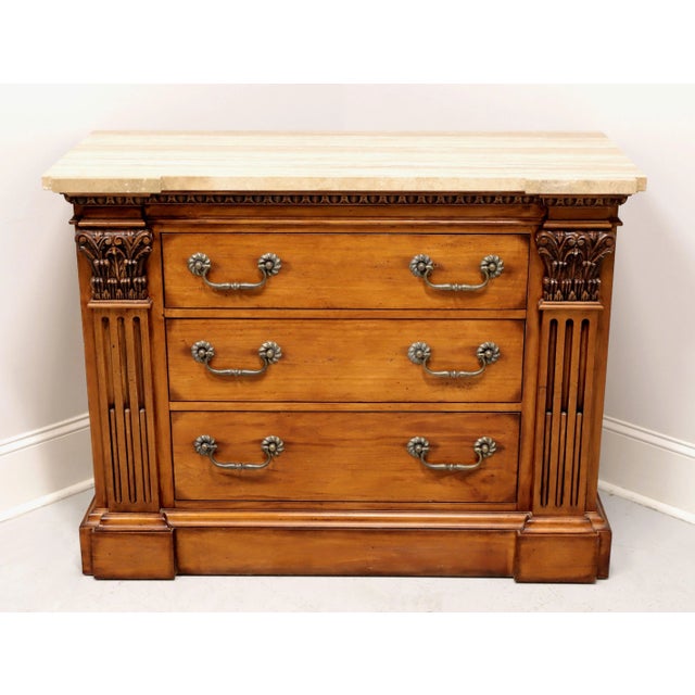 A Neoclassical style bachelor chest by Hickory White. Solid hardwood with their Cotsworth finish, brass hardware, marble...