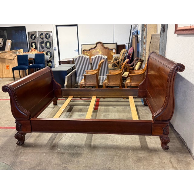 Queen Size Empire Revival Style Carved Mahogany Sleigh Bed Frame For Sale - Image 4 of 12