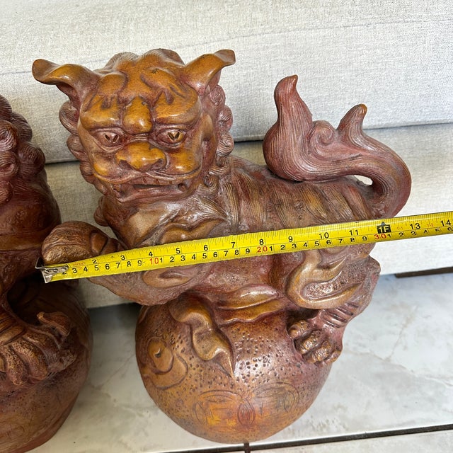 Pair Large 19" Terracotta Foo Dogs Chinese Guardian Lions Vintage Heavy For Sale - Image 17 of 17