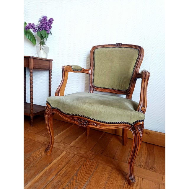 Louis XV Green Cabriolet Armchair, 1890s For Sale - Image 9 of 17