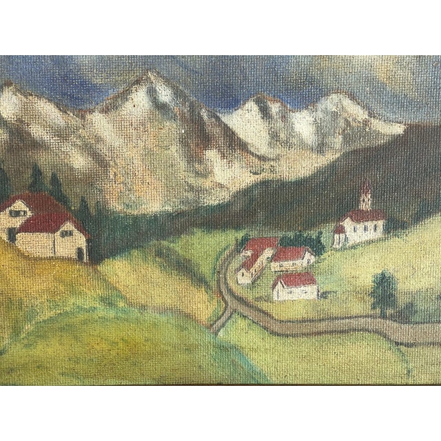 Antique mountain landscape German Black Forest folk art painting on board framed .
