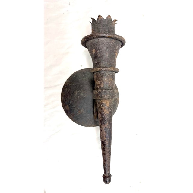 Metal Antique Gothic 19th Century Hand Wrought Iron Wall Mount Candle Sconce Fixture For Sale - Image 7 of 10