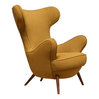 Wingback Chair in Yellow Ochre Fabric and Walnut by Paolo Malchiodi, Italy, 1940s For Sale