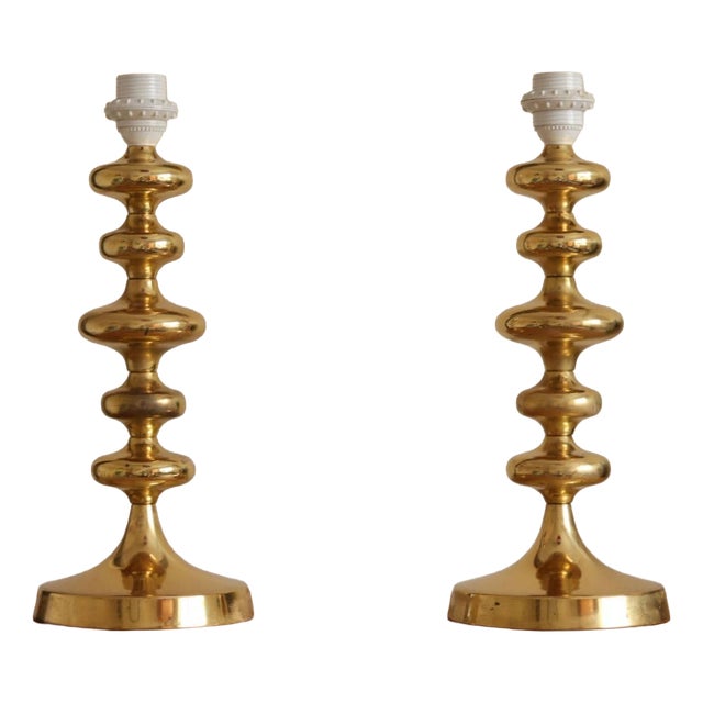 Swedish Brass Bobbin Table Lamp, Set of 2 For Sale