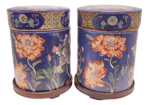 Vintage Large Cylindrical Blue Red Floral Chinoiserie Majolica Style Ginger Jars With Wood Base- A Pair