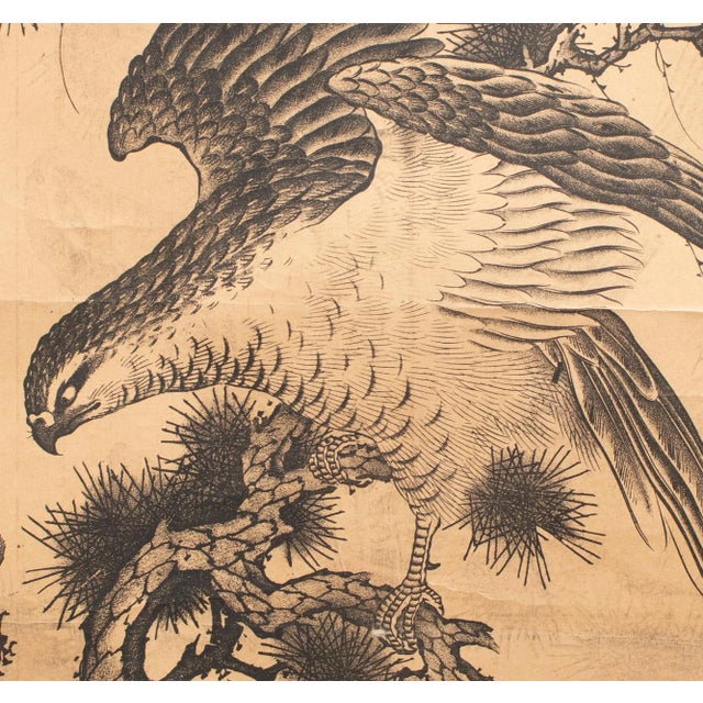 Pre-1940 Showa Era Japanese Printed Scroll "Pine Tree and the Hawk" For Sale In Dallas - Image 6 of 12