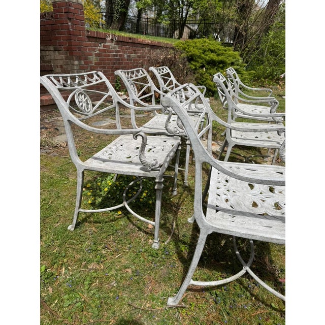 Hollywood Regency Set of 6 Vintage Cast Aluminum Outdoor Star and Dolphin Armchairs For Sale - Image 3 of 6