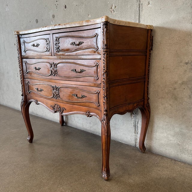 19th Century French Antique Louis XV Bombay Chest of Drawers W/ Marble Top For Sale - Image 4 of 16
