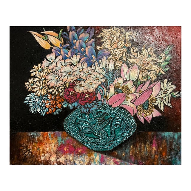 Unknown, Chinese Large Modernist Color Painting Asian Dragon Vase, Flowers Textured Paint For Sale
