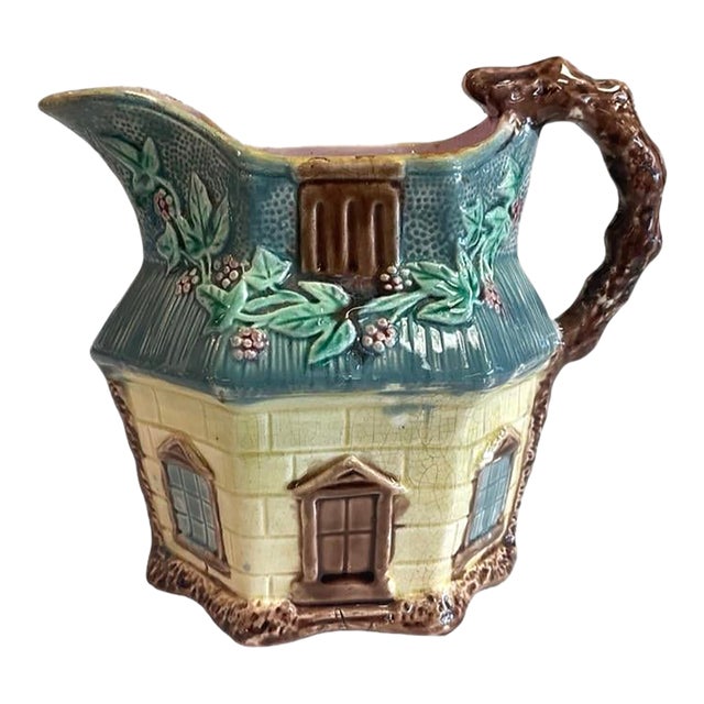 Early 20th Century Yellow and Blue Cottage Majolica Jug For Sale