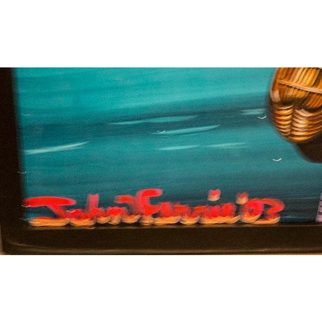 Mid-Century acrylic on canvas painting from artist John Ferrie. It depicts Lilies in vase by boat, dock, and lake...