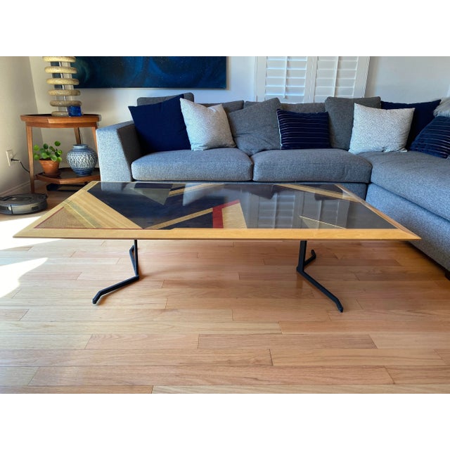 Postmodern Rare Giovanni Offredi for Saporiti Italian Coffee Table - Geometric Dyed Wood Veneer Top & Sculptural Iron Base For Sale - Image 3 of 13