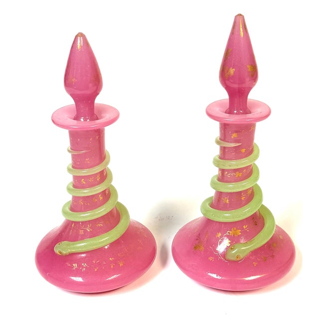 Pair French Pink Opaline Perfume Bottles with Green Serpents Attrib. Baccarat For Sale In West Palm - Image 6 of 13