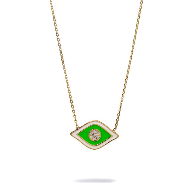 Metal Vivid Green Enamel Evil Eye Pendant Gold & Diamond Necklace For Sale - Image 7 of 7