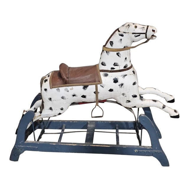 Antique Primitive Glider Rocking Hobby Horse Dalmation Carved Wood Cast Iron For Sale