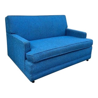 Simmons Hide-A-Bed Blue Tweed Loveseat/Petite Sofa on Casters For Sale