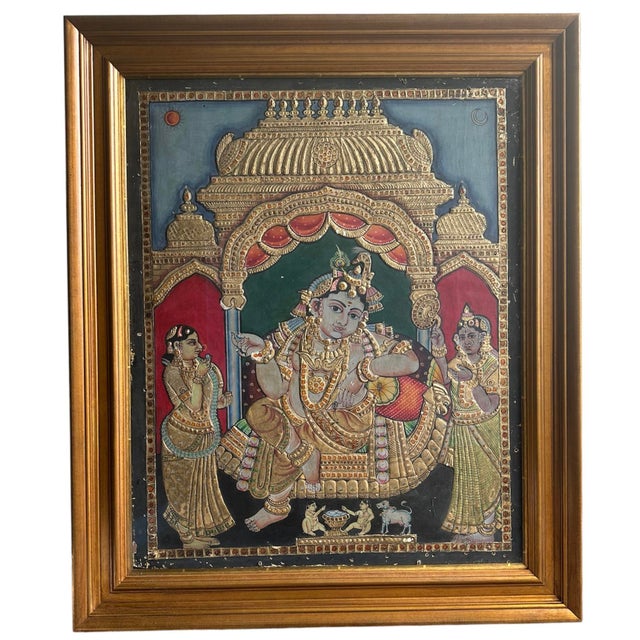 Wood Mid Century Tanjore Painting Krishna South India Indian Gold Thanjavur Antique Vintage For Sale - Image 7 of 10