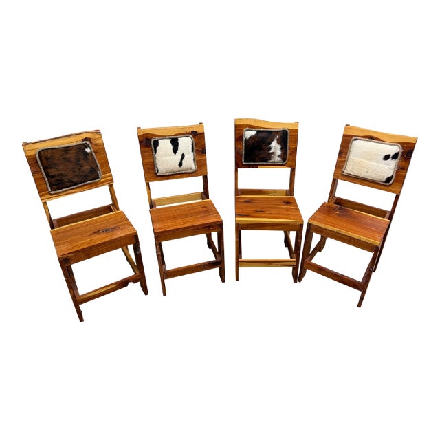 Vintage Rustic Wood Dining Chairs With Genuine Upholstery Cow Hide Set of 4 For Sale