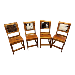 Vintage Rustic Wood Dining Chairs With Genuine Upholstery Cow Hide Set of 4