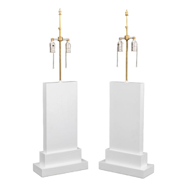 Minimalist White Painted Wood Table Lamps, Pair For Sale