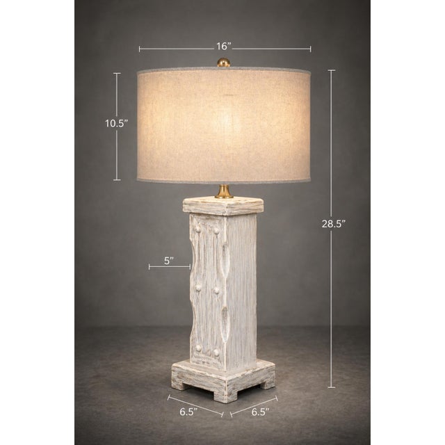 Contemporary 1970s Coastal Breeze Limewashed Column Table Lamps — 16” Linen Drum Shades, Brass Finials - a Pair For Sale - Image 3 of 8