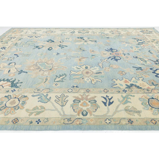 2020s Modern Hand-Knot Oushak Style Light Blue & Soft Earth Tone Floral Wool Area Rug For Sale - Image 5 of 12