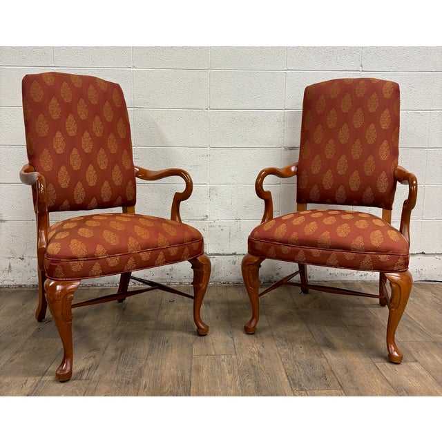 This is a gorgeous pair of vintage American of Martinsville Queen Anne style walnut and rust colored upholstery gooseneck...