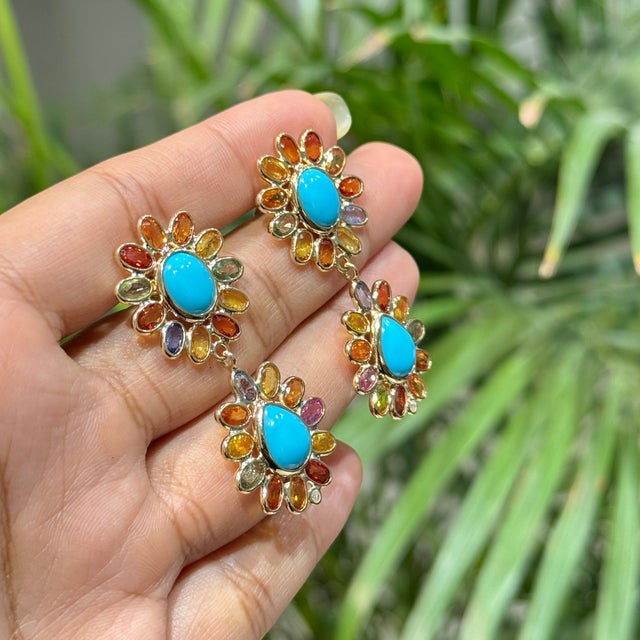 Metal 21.07 Carats Turquoise Diamond Floral Drop Earrings With Rainbow Sapphires in 14k Gold- A Pair For Sale - Image 7 of 16