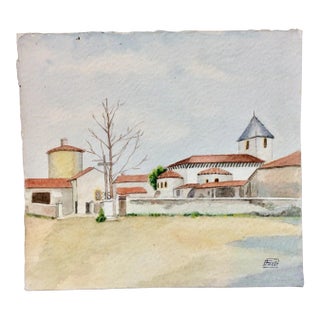 Mid 20th Century French Watercolor Painting, Ouches Pres Roanne For Sale