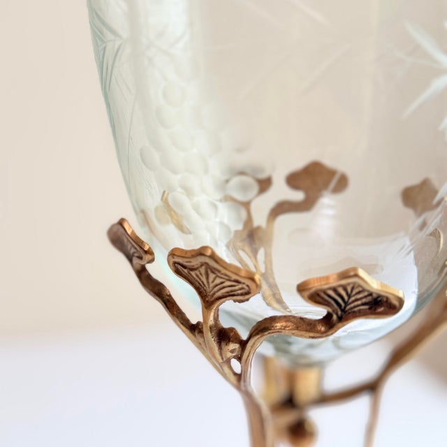 Brass Antique Art Nouveau Brass Tripod Hurricane Candleholder With Etched Glass Shade — Ginkgo & Calla Lily Motif, Circa 1900–1910 For Sale - Image 8 of 12