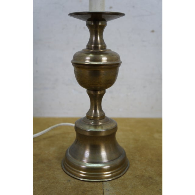 Vintage Brass Colonial Candlestick Crewel Shade Vanity Boudoir Lamp 19" For Sale - Image 6 of 14