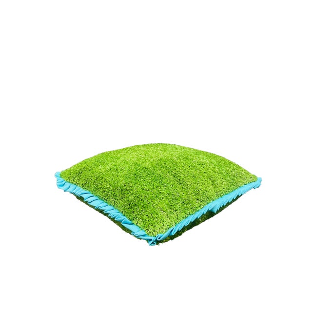 Custom Handcrafted Artificial Turf Lumbar Pillow With Turquoise Ruffle - Small Lumbar For Sale - Image 9 of 10