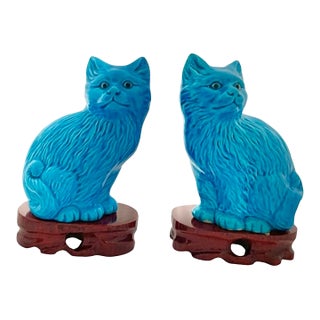 Pair Cat Figurine Pair Turquoise Blue Porcelain With Wooden Bases Vintage Oriental Decor For Sale