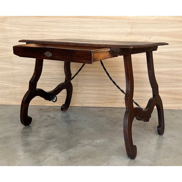 Late 19th Century Spanish 1880s Walnut Side Table or Lady Desk, Lyre Legs and Iron Stretcher For Sale - Image 5 of 11