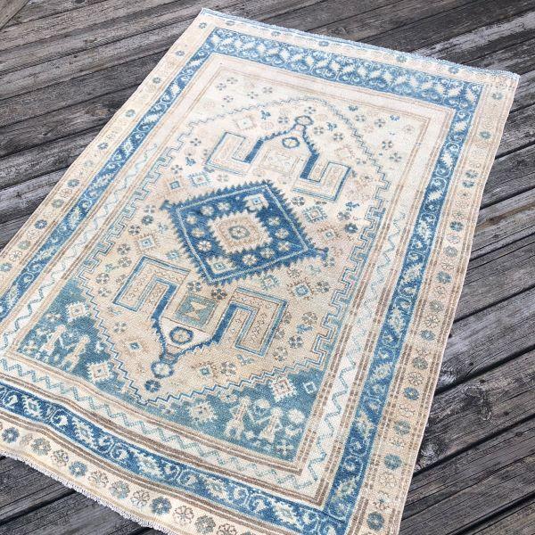 Antique Rug | Soft Blue & Ivory Geometric Design | 4'1" X 5'9" For Sale - Image 4 of 6