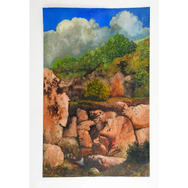 Gouache on paper landscape of rocky hillside. Signed Stephen Curtis 1970 on verso. Unframed.